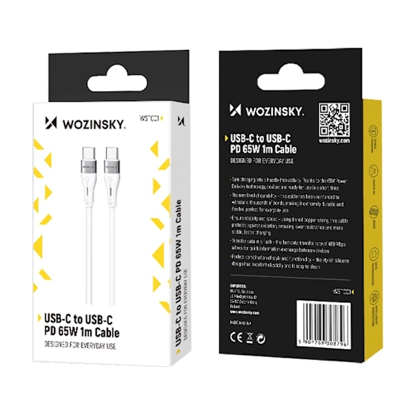 Wozinsky USB-C till USB-C kabel PD 65W 1m - Vit Vit