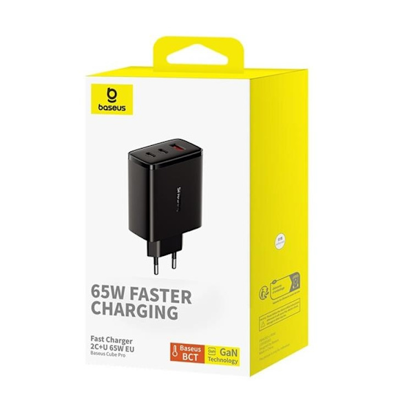 Baseus GaN Väggladdare 2x USB-C Till USB-A 65W Cube Pro - Svart Svart