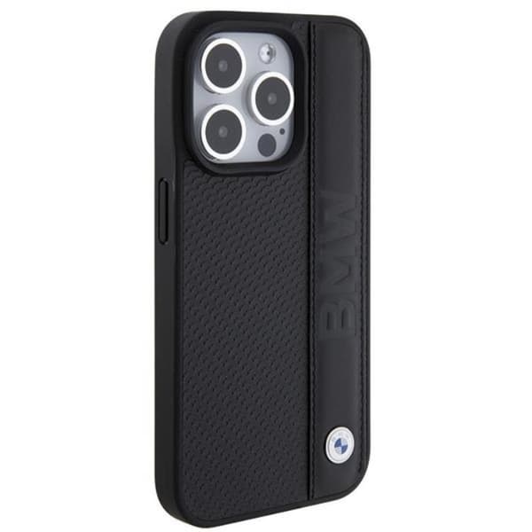 BMW telefontaske til iPhone 15 Pro læder tekstureret & stribe - sort Black