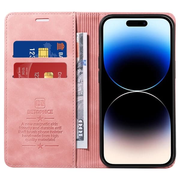 BETOPNICE 003 iPhone 15 Pro Max Plånboksfodral TPU + Konstläder - Rosa