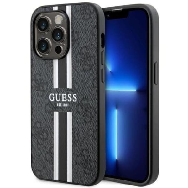Guess iPhone 14 Pro Mobilskal MagSafe 4G Printed Stripes Sort Black