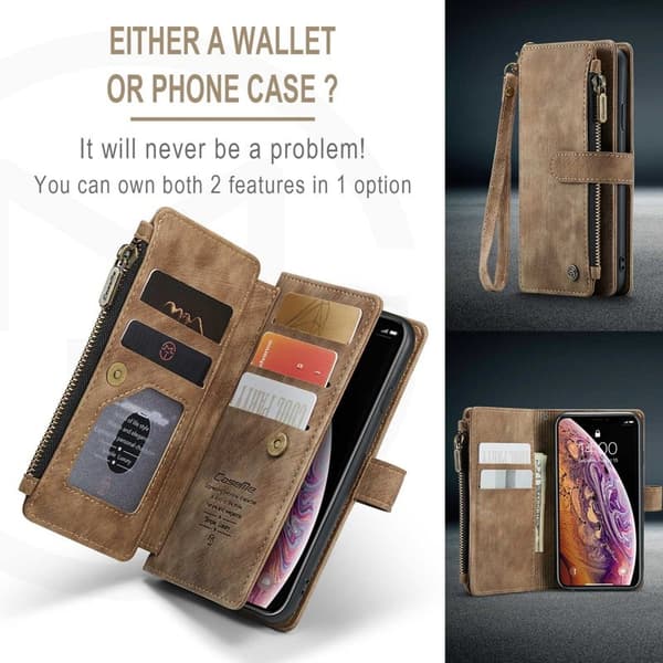 CASEME C30 Plånboksfodral för iPhone X/XS med rem, brun Konstläder