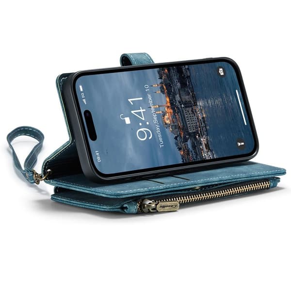 CASEME Konstläder Plånboksfodral för iPhone 15 Pro Max med Rem - Blå