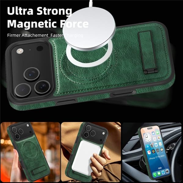 Mobilskal till iPhone 17 Pro MagSafe Kickstand Läder - Grön Grön