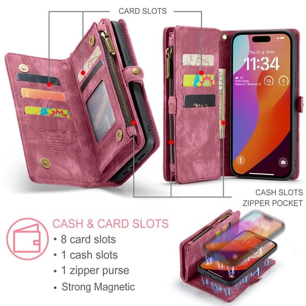 CASEME 008 iPhone 16 Pro Max Plånboksfodral Konstläder med Röd