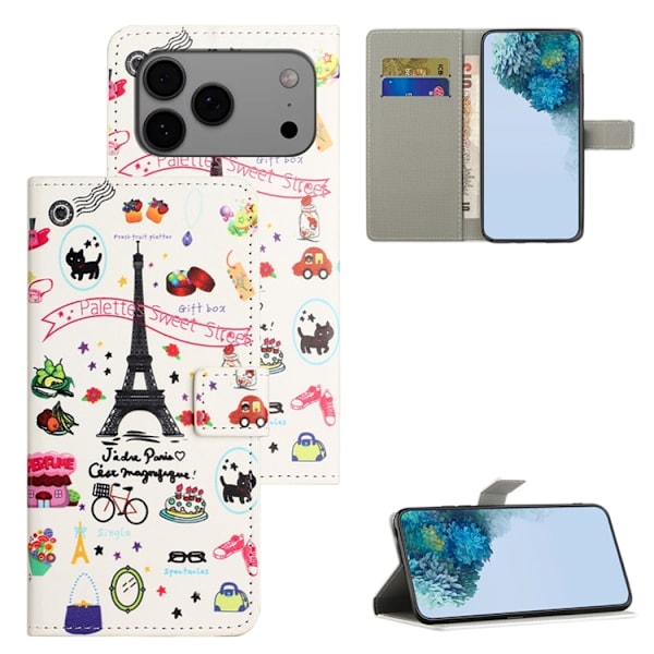 iPhone 17 Pro Plånboksfodral Pattern Print Konstläder - Eiffeltornet Vit