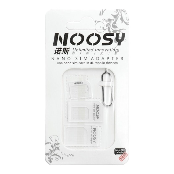 Adaptrar för Nano SIM/Micro, Micro Sim och Nano/Sim i vitt.
