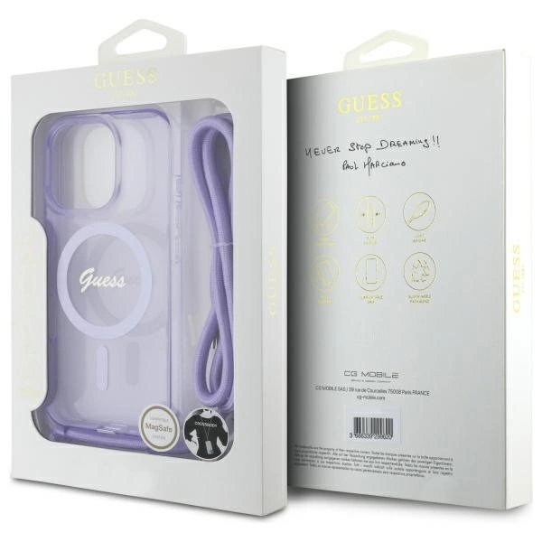 Guess Telefontaske til iPhone 16 Pro Max MagSafe Crossbody Cord Script - Lilla
