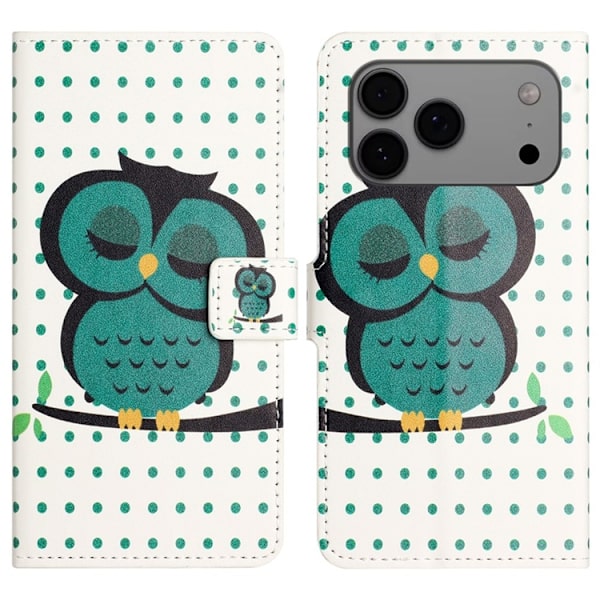 iPhone 17 Pro Max Konstläder Plånboksfodral Pattern Print - Prickar Uggla Vit