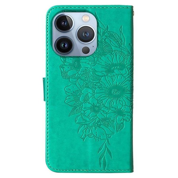 iPhone 14 Pro Max Plånboksfodral Butterfly Flower Imprinted - Grön