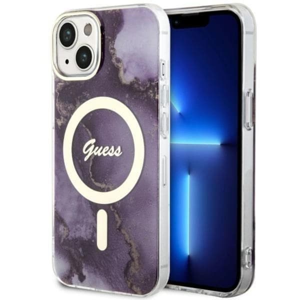 Guess iPhone 14 Mobilskal MagSafe Guld Marble - Lila Lila