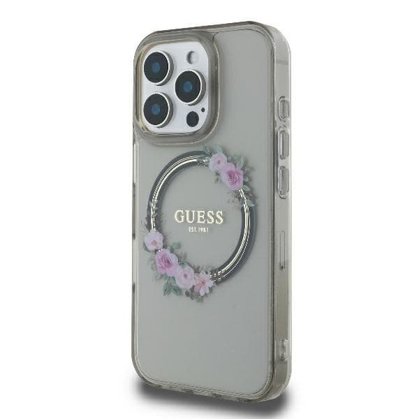 Guess telefontaske til iPhone 16 Pro Max MagSafe IML Blomsterkrans - Sort Black