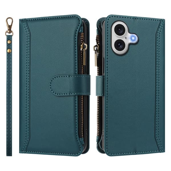 iPhone 17 Plånboksfodral Zipper Med Rem - Mörkgrön Grön