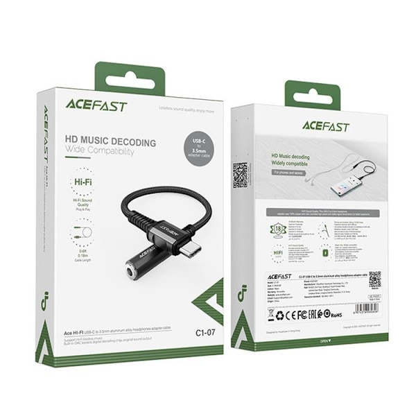 Acefast Typ-C Ljud Kabel 3.5 mm Minijack DAC 18 cm - Svart Svart