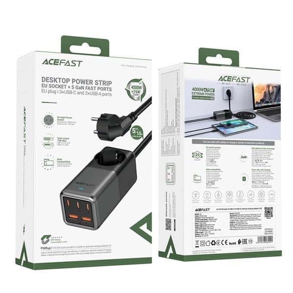 Acefast Bordsladdare 3x USB-C/2x USB-A - Svart Svart