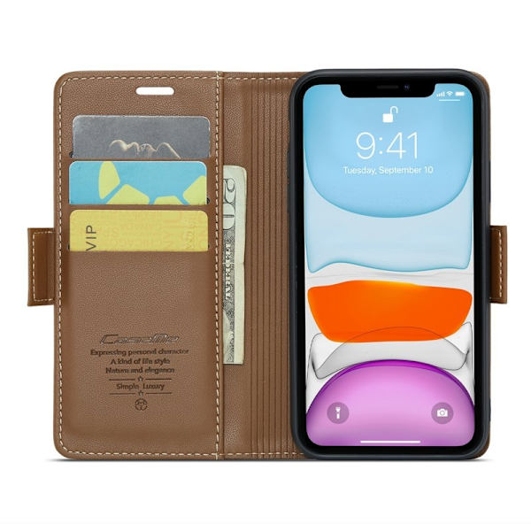 CASEME iPhone 11 Plånboksfodral Konstläder RFID-Skydd 3 Kort Brun