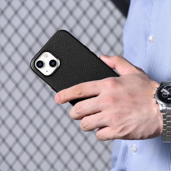 iCarer iPhone 14 Plus Skal Magsafe Ægte Læder Litchi Premium - S Black