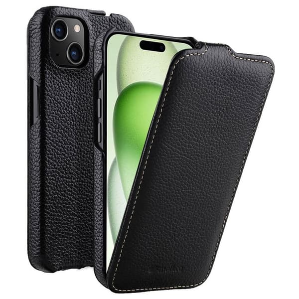 MELKCO Mobilskal till iPhone 15 Plus Vertikalt Flip Äkta Läder + PC Svart