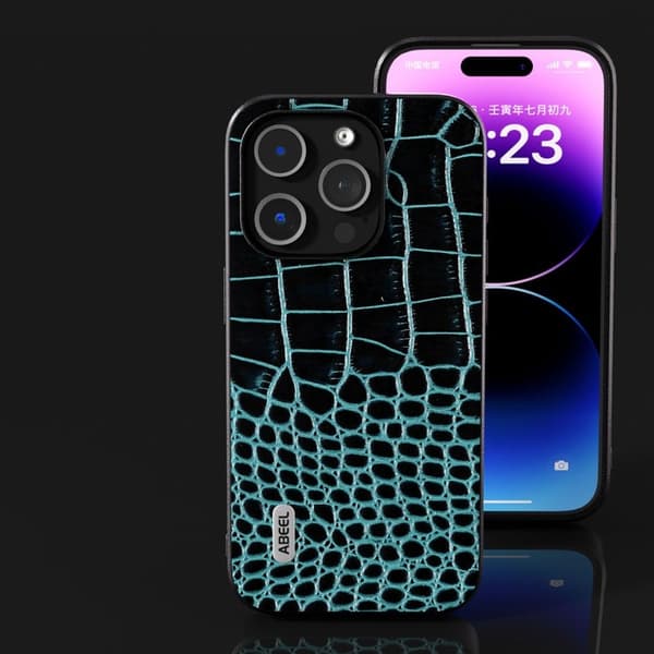 ABEEL Mobilskal till iPhone 15 Pro Krokodiltextur Äkta Läder Blå