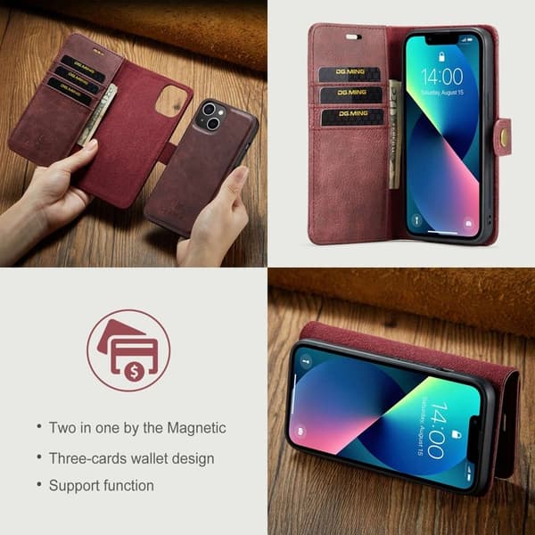 DG.MING iPhone 15 Plus Äkta Läder Plånboksfodral Detachable Magnet Röd