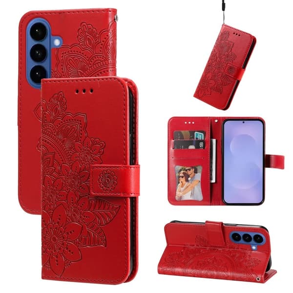 Samsung Galaxy S26 Plus Plånboksfodral Blommönster Konstläder Ställ - Röd
