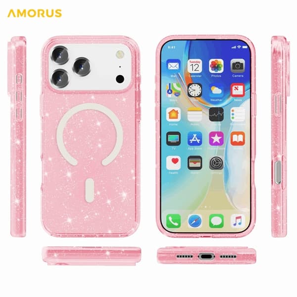 AMORUS Mobilskal till iPhone 17 Pro Max Magsafe Glitter Powder PC + TPU - Rosa Rosa
