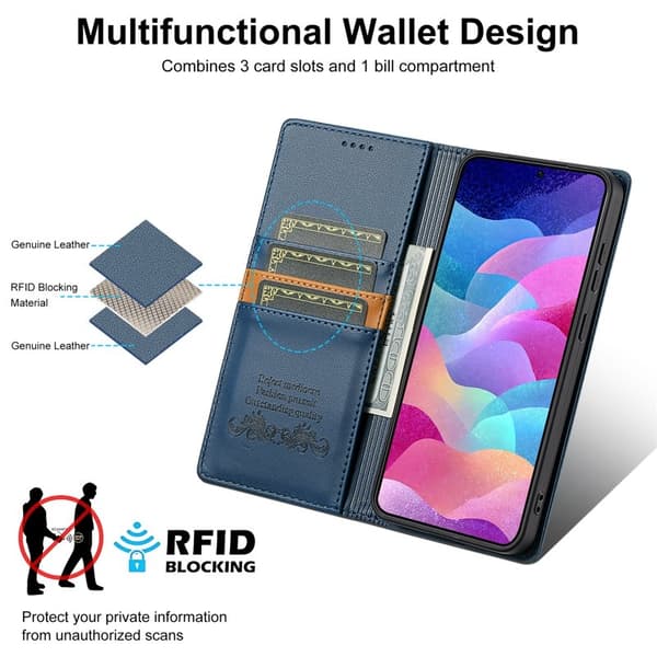 N.BEKUS P3 För Samsung Galaxy S26 Konstläder Plånboksfodral RFID-Skydd - Blå