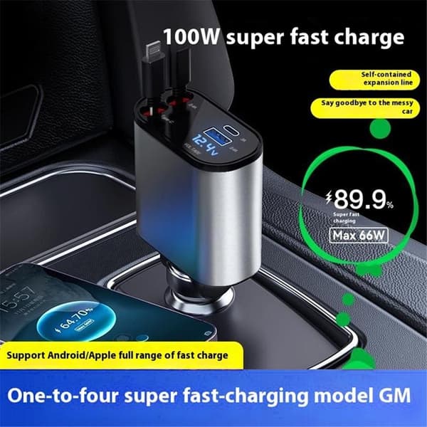 Billaddare 100W Snabbladdningsadapter med Indragbara Typ-C-Kablar X16 Svart