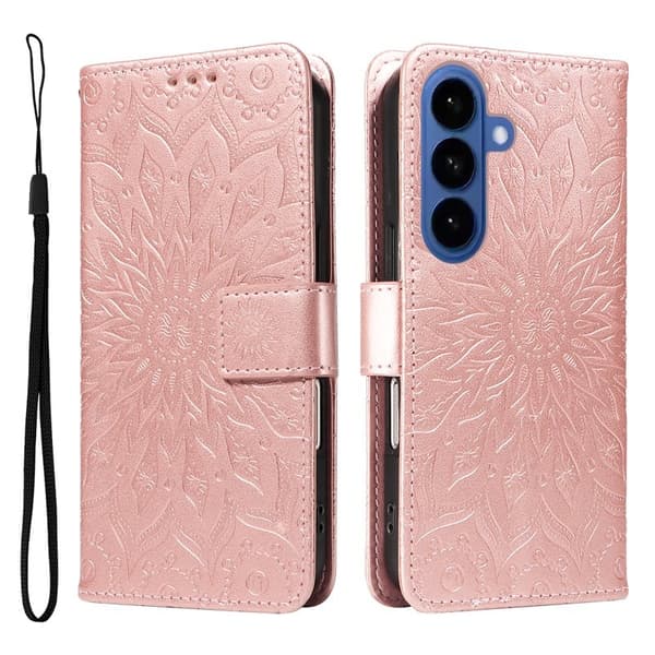 Samsung Galaxy S26 Plus Plånboksfodral Konstläder Solrostryck - Roséguld
