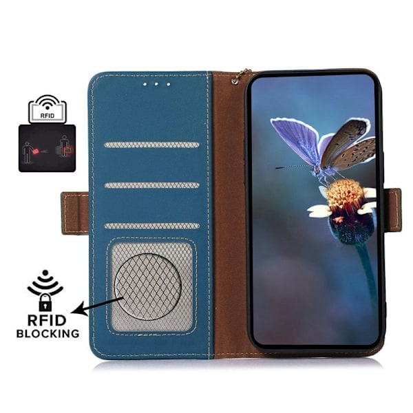 Samsung Galaxy S26 Plånboksfodral Anti-Drop Äkta Läder RFID Skydd - Blå