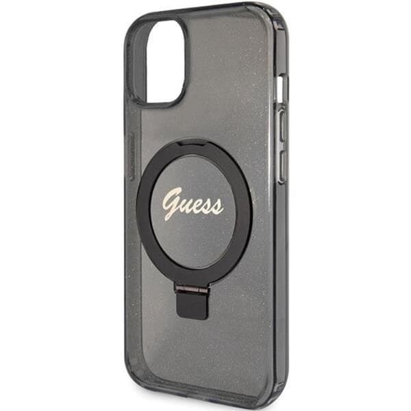 Guess iPhone 15/14 Plus -puhelinkotelo Magsafe-renkaalla Script Glitt Black