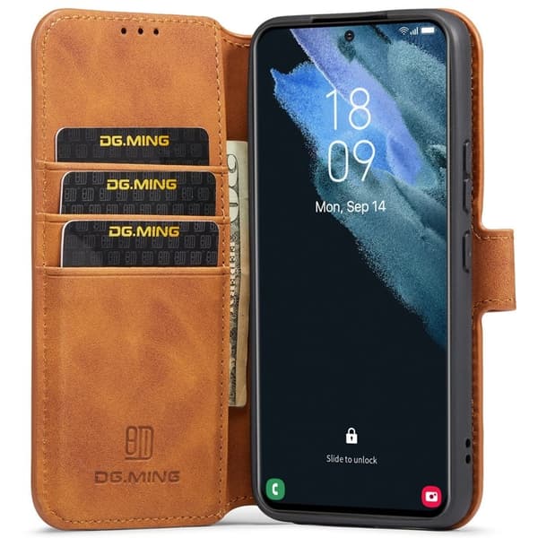 DG.MING Retro Style Konstläder Plånboksfodral för Samsung Galaxy S22 5G - Brun