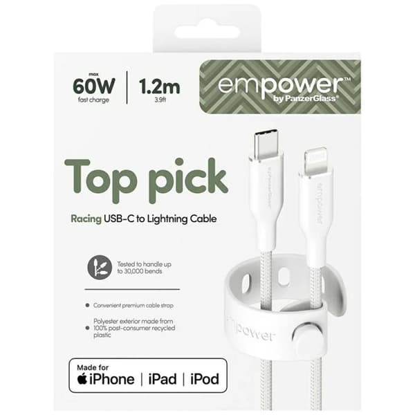 Empower by PanzerGlass USB-C till Lightning 60W Kabel 1.2m Racing - Vit Vit