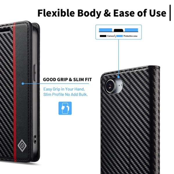 LC.IMEEKE iPhone 16e Plånboksfodral i Kolfiber - Vertikal Rand - Svart