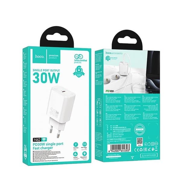HOCO Snabbladdare USB-C 30W N62 PD QC - Vit Black