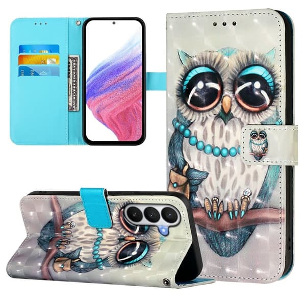 Samsung Galaxy S26 / S26 Pro Plånboksfodral Konstläder Mönster - Grå Uggla
