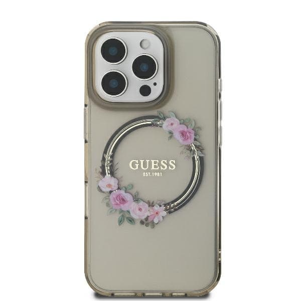 Guess telefontaske til iPhone 16 Pro Max MagSafe IML Blomsterkrans - Sort Black