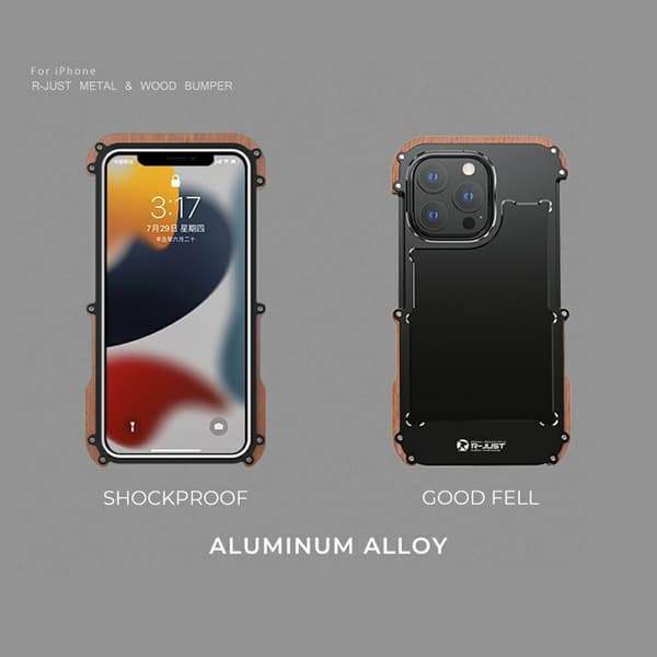 R-JUST Mobilskal till iPhone 13 Pro i Trä och Aluminium - Svart