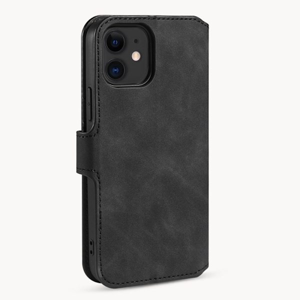 DG.MING Retro Konstläderplånboksfodral för iPhone 12 mini - Svart