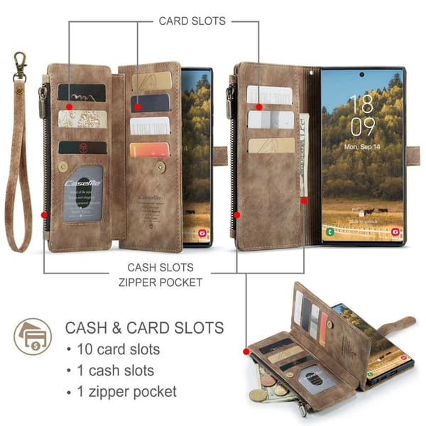 CASEME Konstläder Plånboksfodral för Samsung Galaxy S22 Ultra 5G - Brun
