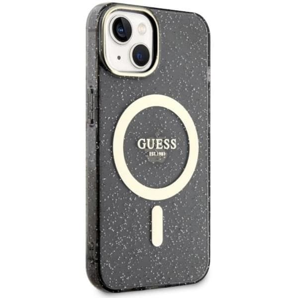 Guess iPhone 14 Mobilskal MagSafe Glitter Guld - Sort Black