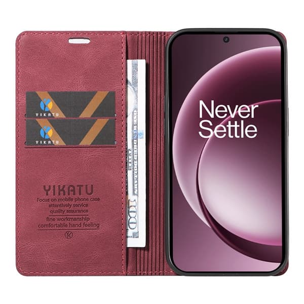 YIKATU OnePlus 15 5G Konstläder Plånboksfodral Skin-Touch Vinröd