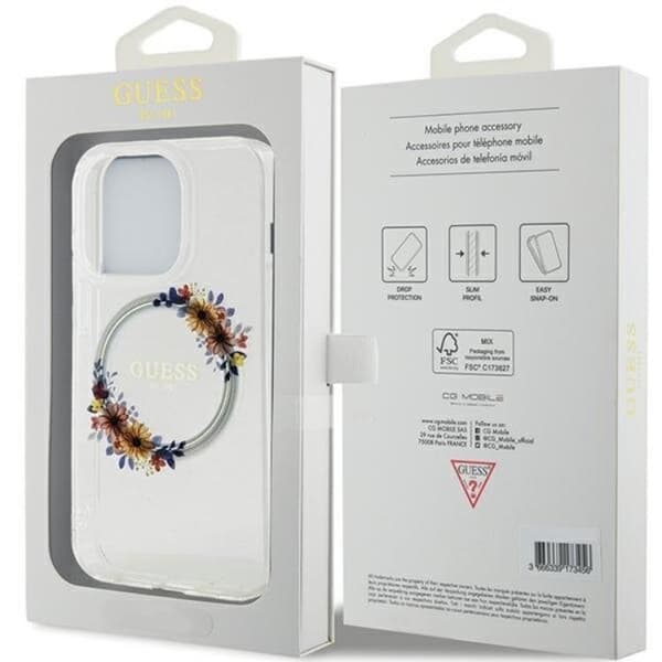 Guess iPhone 15 Pro Max Mobilskal Magsafe IML Blomsterkrans Transparent