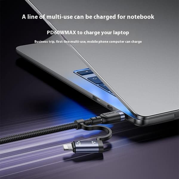YESIDO 4in1 USB - 2x USB-C/Lightning 60W kabel 8-pin 1.2m Svart