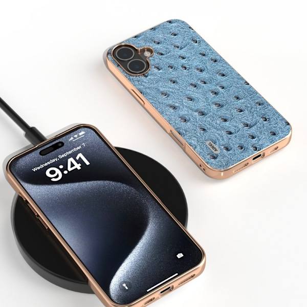 ABEEL Mobilskal till iPhone 16 Plus Electroplating Äkta Läder Blå
