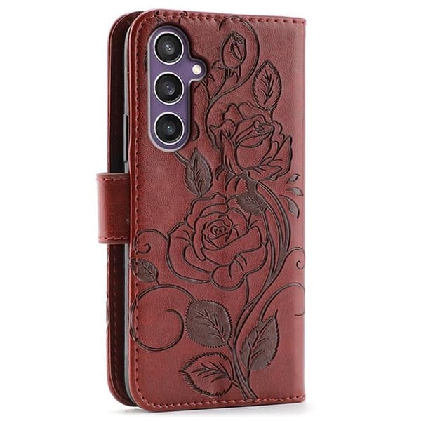 Galaxy S26 Konstläder Plånboksfodral Imprinted Rosa Butterfly - Brun Brun