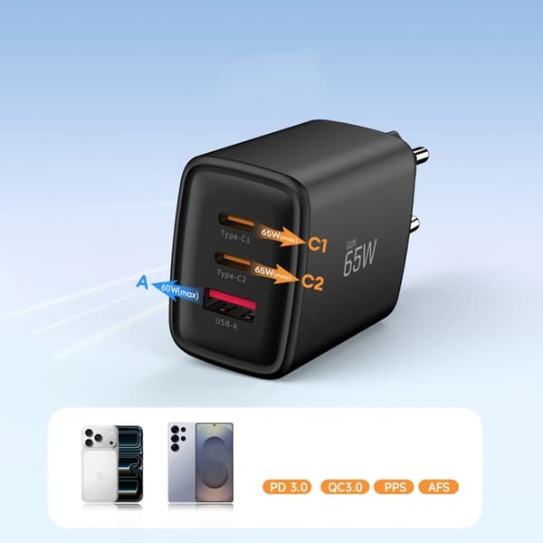 Tech-Protect 3-Port Snabbladdare PD 65W QC3.0 NCA65W-GAN Svart