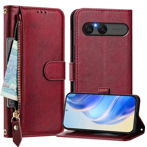 Sony Xperia 10 VII Konstläder Plånboksfodral Zipper Pocket - Röd Röd