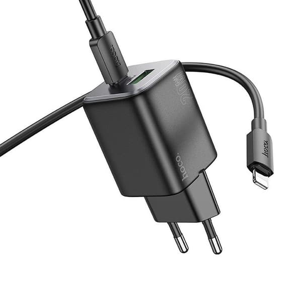 Hoco Vægoplader 1xUSB-C 1xUSB-A 20W + Lightning Kabel N41 - Sort Black