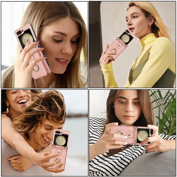 Galaxy Z Flip7 Plånboksfodral Ring Kickstand med Lång rem - Rosa Guld Roséguld